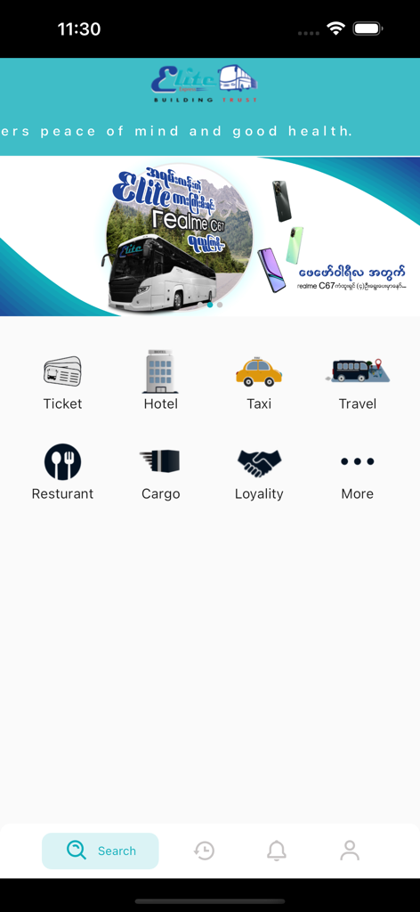 Elite Express - Panel de la aplicación Elite Express mostrando servicios de viaje y logística de carga