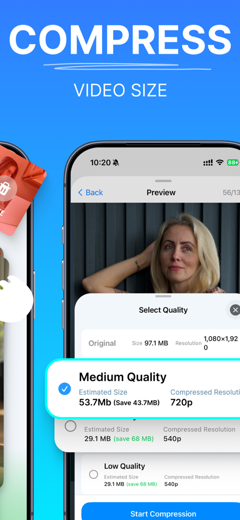 Memoria AI:Cleaner & Optimizer - Interfaz de la aplicación Memoria AI para comprimir el tamaño del video con opciones de calidad media y baja para ahorrar espacio de almacenamiento