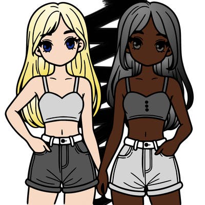 two sisters with crop tops and jean shorts and straight hair