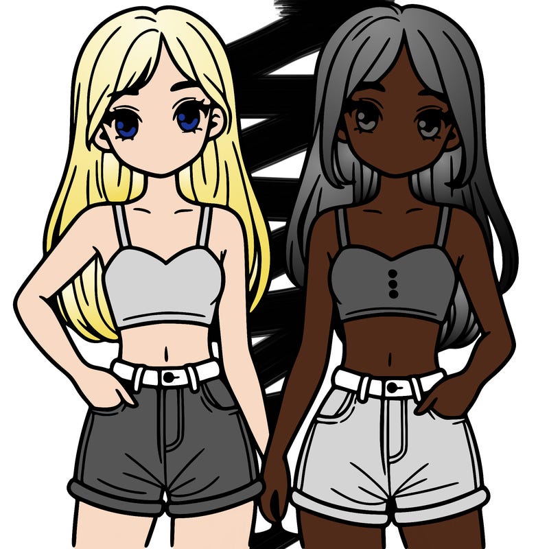 two sisters with crop tops and jean shorts and straight hair