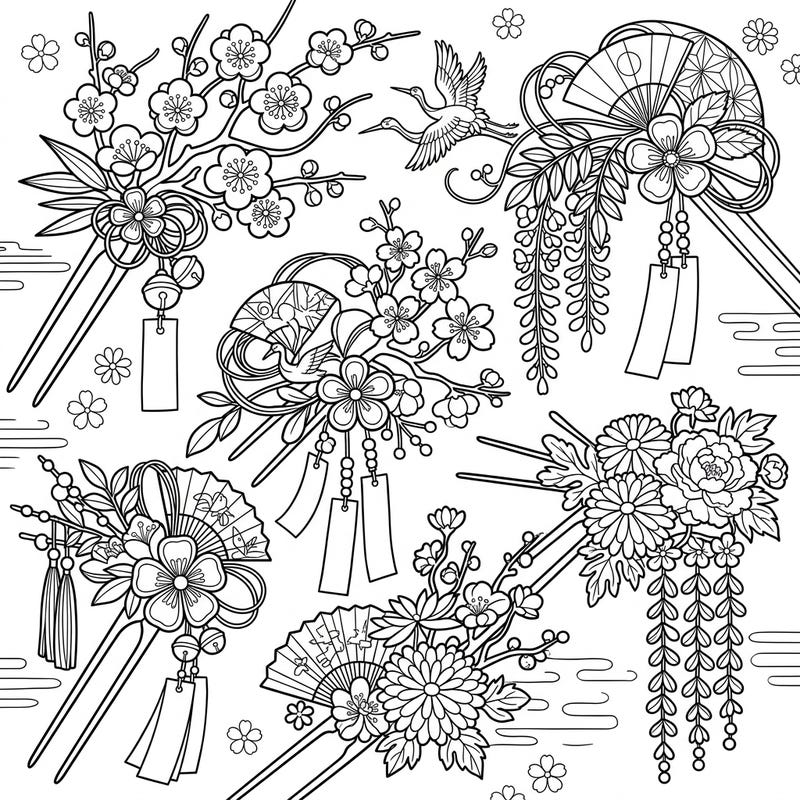 Discover the delicate artistry of traditional Japanese Maiko Kanzashi hairpins with this captivating coloring page. Each intricate design invites you to explore a world of cultural beauty and floral elegance.