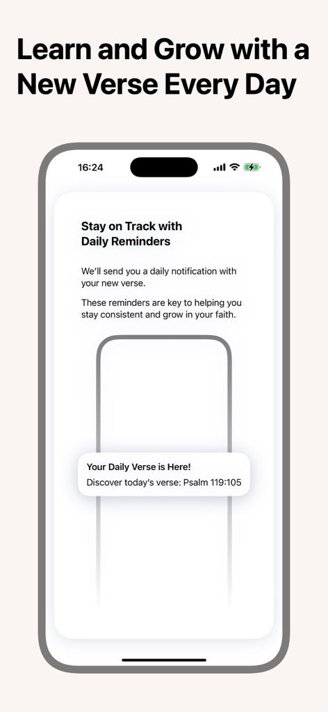 Tela de smartphone mostrando uma notificação diária de um novo versículo bíblico para ajudar na memorização das escrituras.