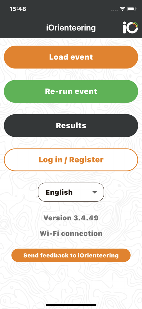 iOrienteering - iOrienteeringアプリのメインメニュー。イベントの読み込み、イベントの再実行、結果の表示ボタンが表示されています。