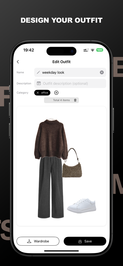 FITS ME - AI Closet - Smartphone screen showing the FITS ME app interface for creating a weekday office outfit with a brown sweater and trousers