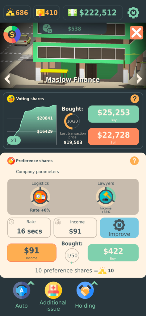 Mobile game interface showing stock market investment options for voting and preference shares