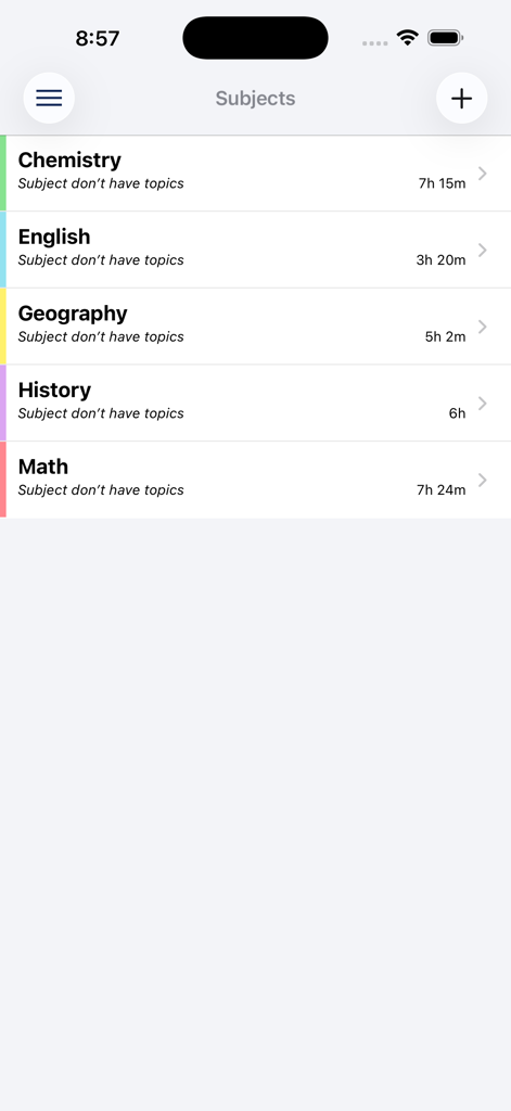 Aprovado - A list of academic subjects in the Aprovado app showing the total study time tracked for each topic