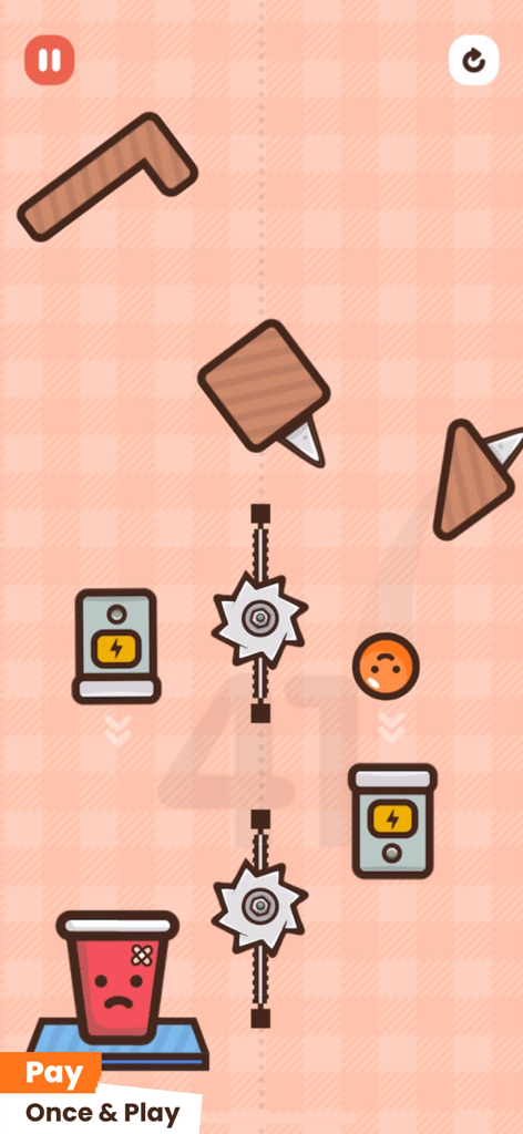 Frantic Fall - Frantic Fall gameplay showing an orange orb and a red cup character surrounded by physics based obstacles like saws and spikes
