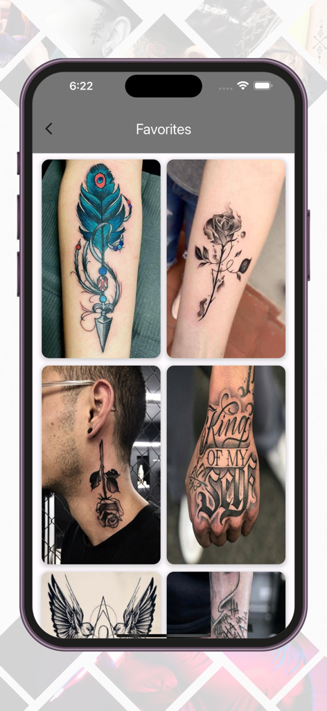 Tattoo Designs - Tattoo Maker - Captura de tela da seção de favoritos no aplicativo Designs de Tatuagem apresentando diferentes estilos de tatuagem na pele