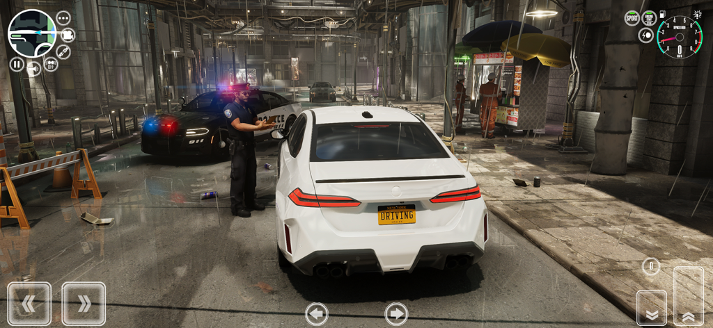 Un coche blanco siendo detenido por un oficial de policía en un entorno urbano realista en el juego Driving School Simulator EVO.