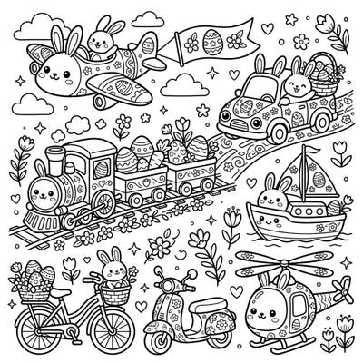Embark on a delightful journey with our Kawaii Easter Vehicles coloring page, showcasing a fleet of charming transport from planes to trains. Each vehicle is lovingly adorned with cute bunnies, festive eggs, and spring blossoms, promising a joyful coloring experience for all ages.