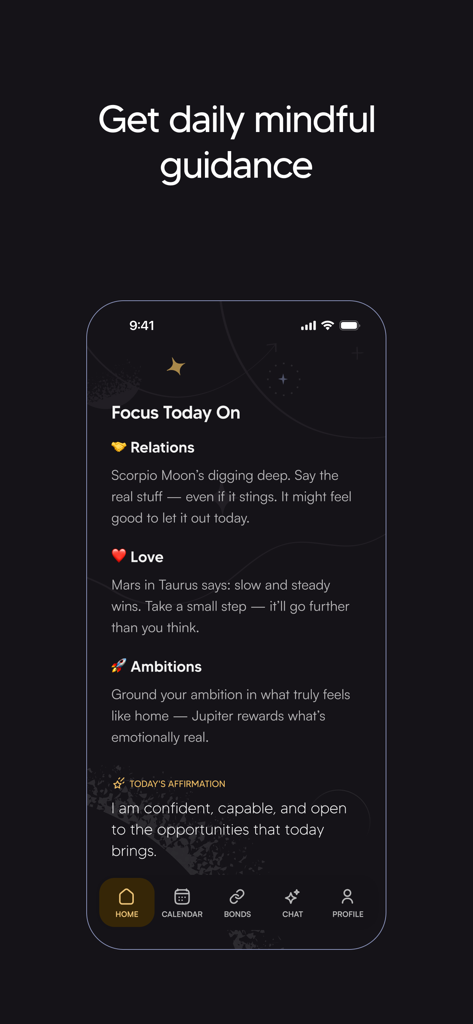 Interface of Cosmy app showing daily mindful guidance with sections for relations, love, ambitions, and a daily affirmation.