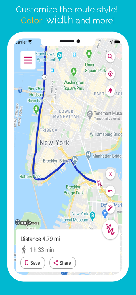 Just Draw It! Route planner - Just Draw It app interface showing a blue route through Lower Manhattan and Brooklyn with a calculated distance of 4.79 miles.