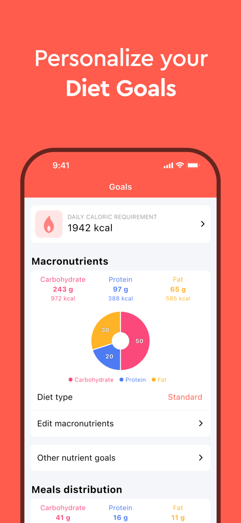 Macros - Calorie Counter - Interfaccia dell'app Macro che visualizza obiettivi giornalieri personalizzati di calorie e macronutrienti con una ripartizione a grafico a ciambella