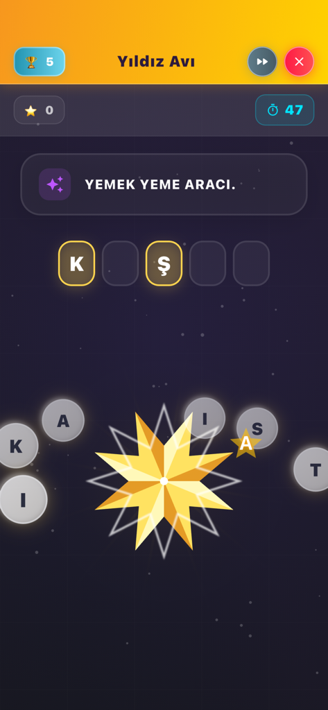 A word puzzle game interface called Star Hunt featuring a large golden star and floating letter bubbles.