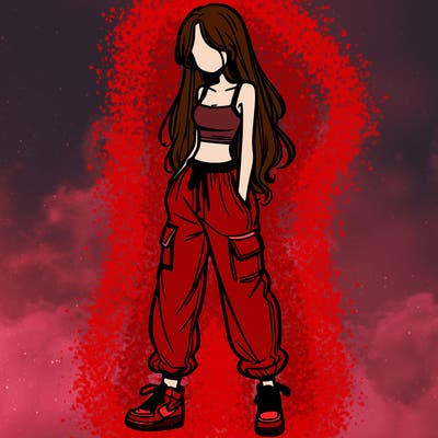 girl in baggy pants crop top and long hair