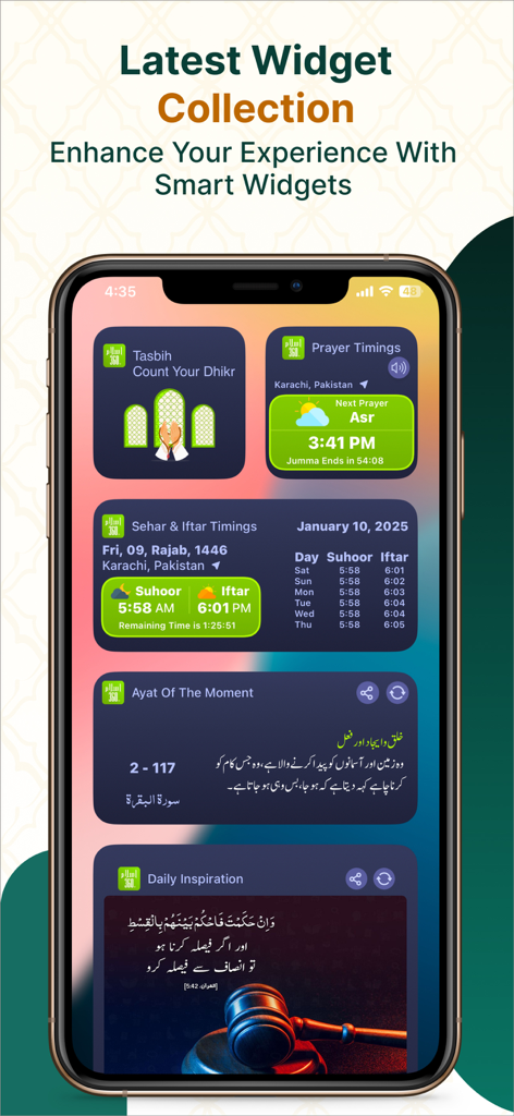 Islam360: Quran Hadith Qibla - A smartphone displaying various Islam360 widgets for prayer times, tasbih, and daily Quran verses.