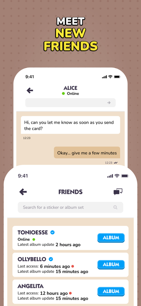 Interfaz de la aplicación Sticker Master que muestra un chat y una lista de amigos para intercambiar cromos