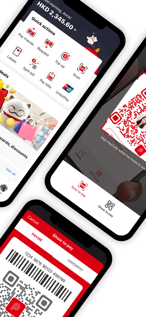 Three smartphone screens showing the PayMe by HSBC app interface with dashboard quick actions and QR code payment features