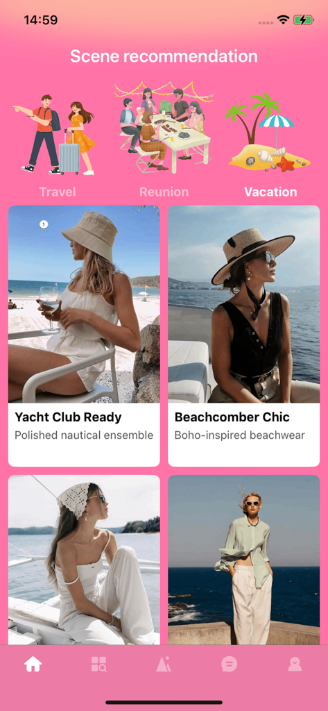 Pantalla de recomendación de moda de vacaciones en la aplicación Lamo-Matching que muestra recomendaciones de atuendos para temas de club náutico y playa
