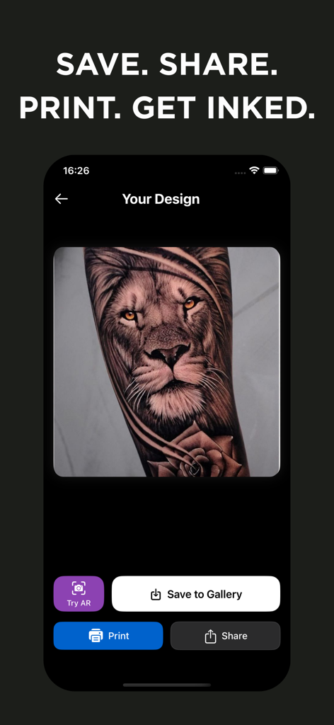 Tattoo AI: Generator & Design - ARを試す、保存する、印刷する、共有するオプションとともに、アプリ内で腕に表示されたライオンのタトゥーデザイン。