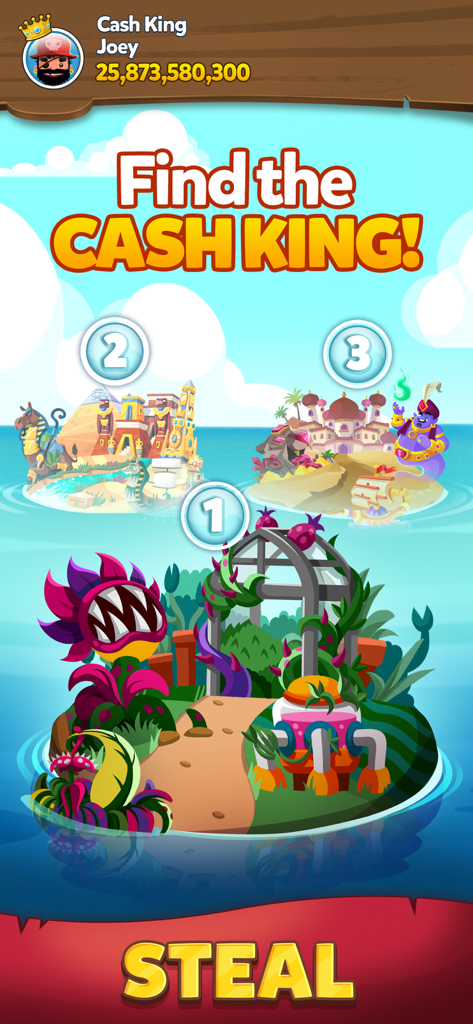 Pirate Kings game screenshot showing the 'Find the Cash King' mini-game where players choose an island to steal coins from.