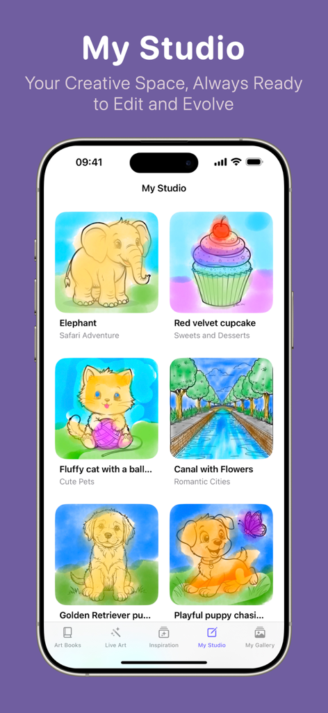 Kala: AI Art Coloring Book - The My Studio screen of Kala AI Art Coloring Book showing a grid of saved coloring projects including animals and a cupcake.