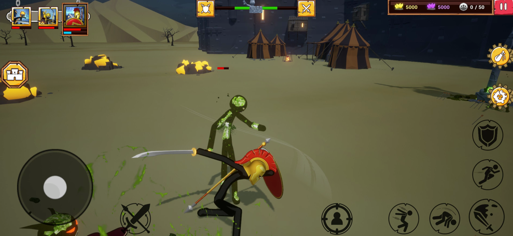 3D stickman warrior in a spartan helmet attacking an enemy in a desert camp