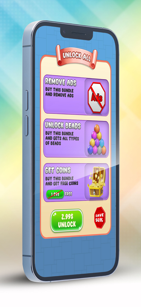 Bead and Ball Sort Puzzle - In-app store screen of Bead and Ball Sort Puzzle showing an unlock all bundle including remove ads, all beads types, and free coins for 2.99 dollars.