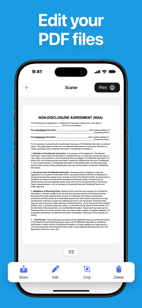 Smart Printer App. - Mobile app interface showing PDF editing tools and a scanned document for printing