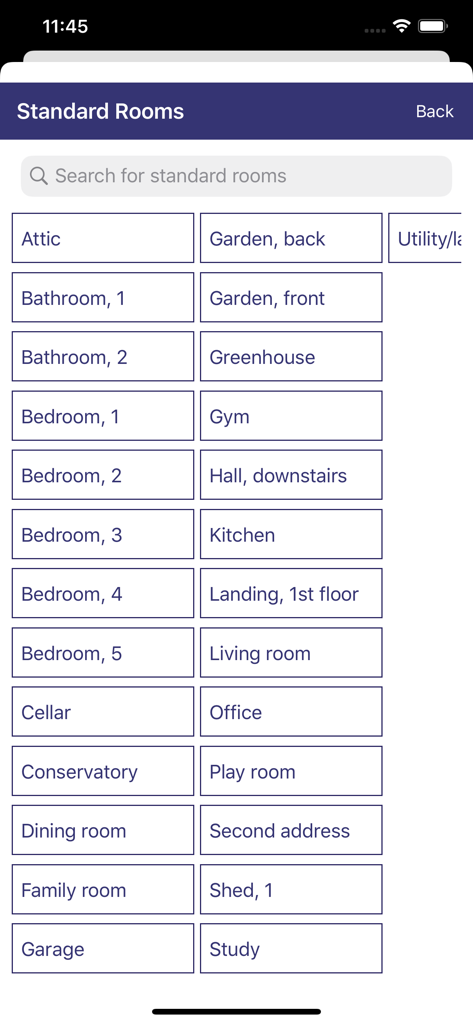 MoveMan Mobile app interface showing a grid of standard room labels for selecting areas to survey during a move.