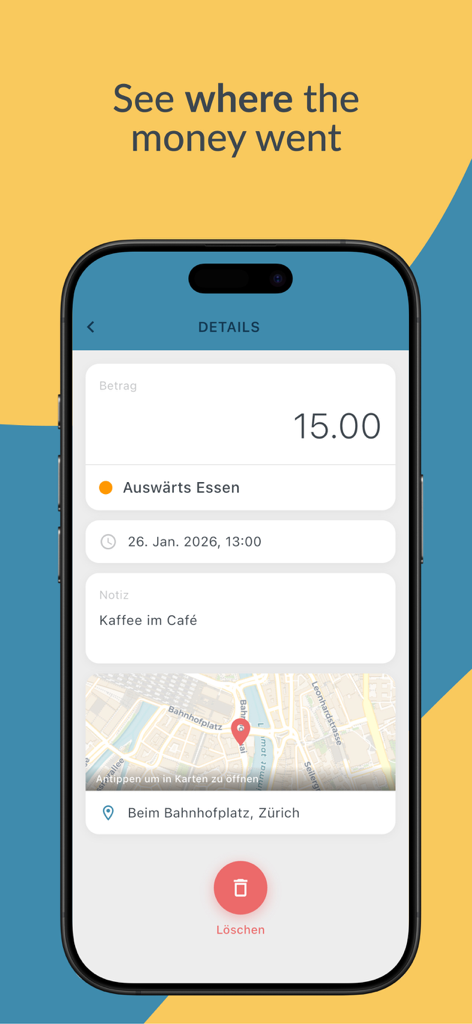 Detailed view of an expense in the BUDGT app showing amount category date notes and a map with geotagged location