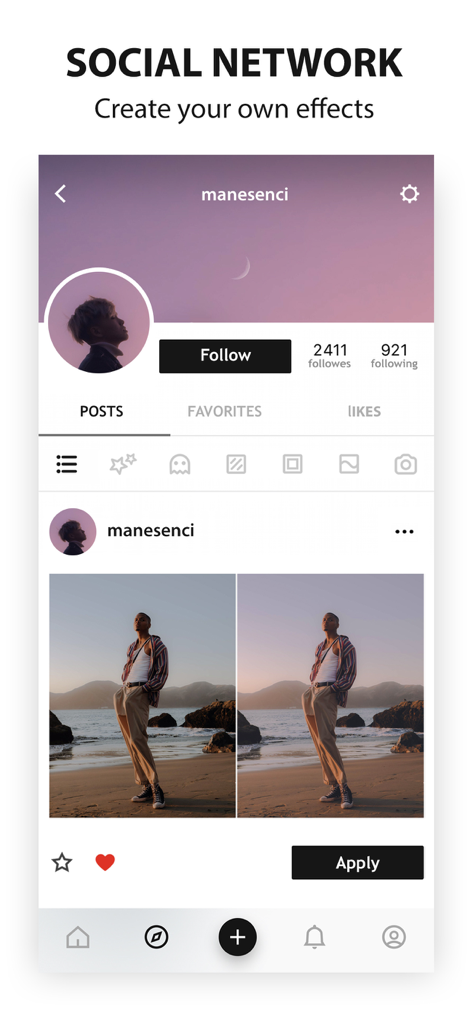 Tela de rede social do aplicativo Avatan mostrando um perfil de usuário e efeitos de fotos compartilhados pela comunidade.