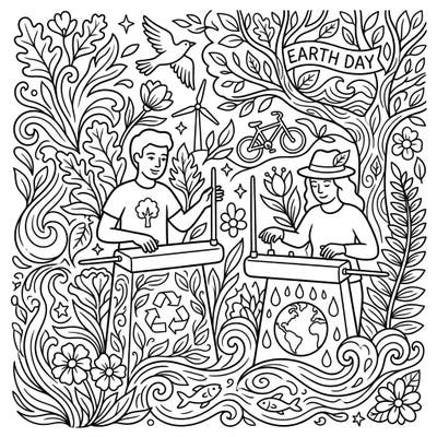 Celebrate Earth Day with a melodious twist! This unique coloring page features individuals playing theremins, surrounded by vibrant symbols of nature and environmental care, perfect for inspiring eco-conscious creativity.