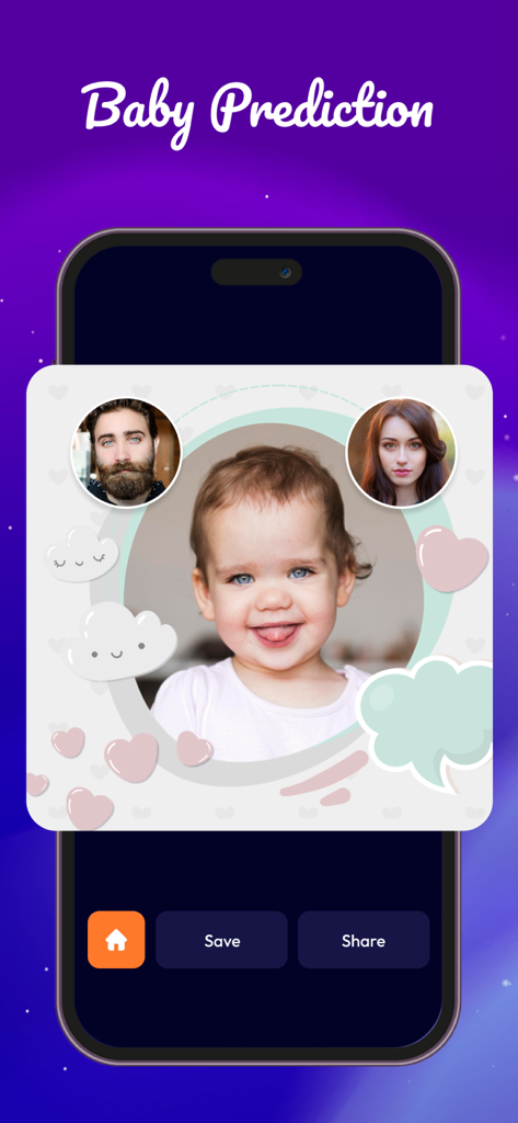 AI Anime Photo Effect - 2人の大人の写真から生成された赤ちゃんを示すベビー予測機能のモバイルアプリのスクリーンショット。