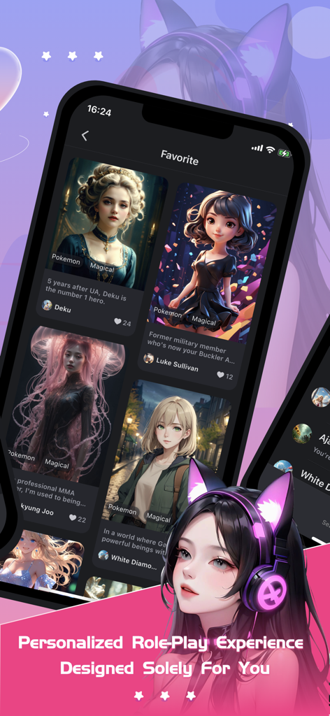 Zelan app interface displaying a collection of AI character profiles for personalized role-play.