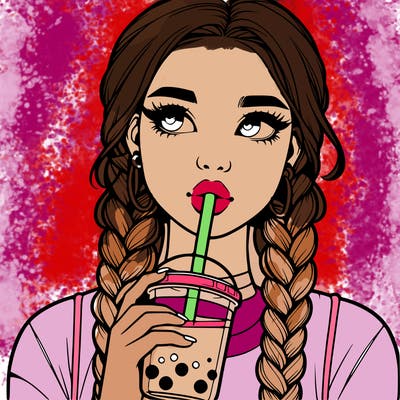 realistic girl with braided hair drinking boba