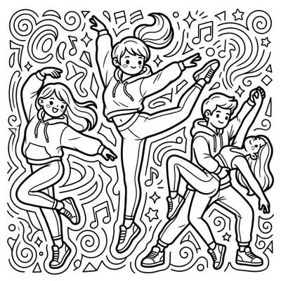 Dive into the vibrant world of contemporary dance with this adorable Kawaii coloring page. Featuring expressive dancers and playful background elements, it's a joyful way to explore movement and creativity.