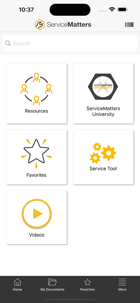 ServiceMatters - Home screen of the ServiceMatters app showing technical repair resource categories