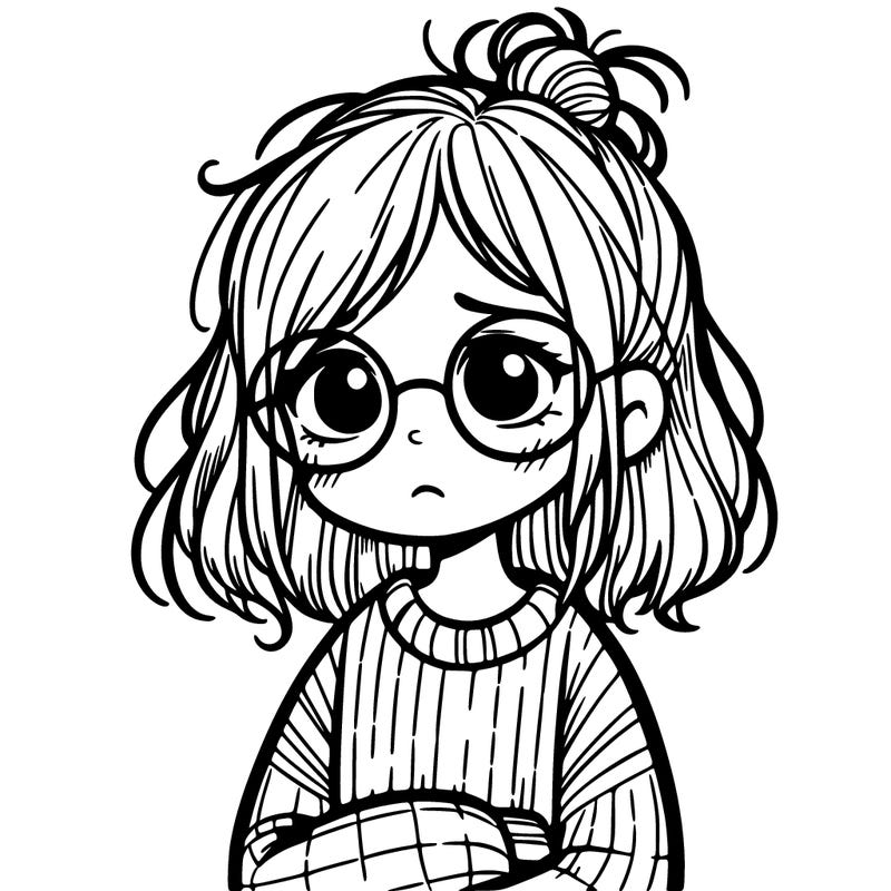 sad girl with untied hair and with glasses and a sweater