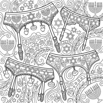 Discover a unique blend of elegance and holiday spirit with this captivating Hanukkah garter belts coloring page. Intricate designs featuring menorahs, dreidels, and Stars of David await your creative touch.
