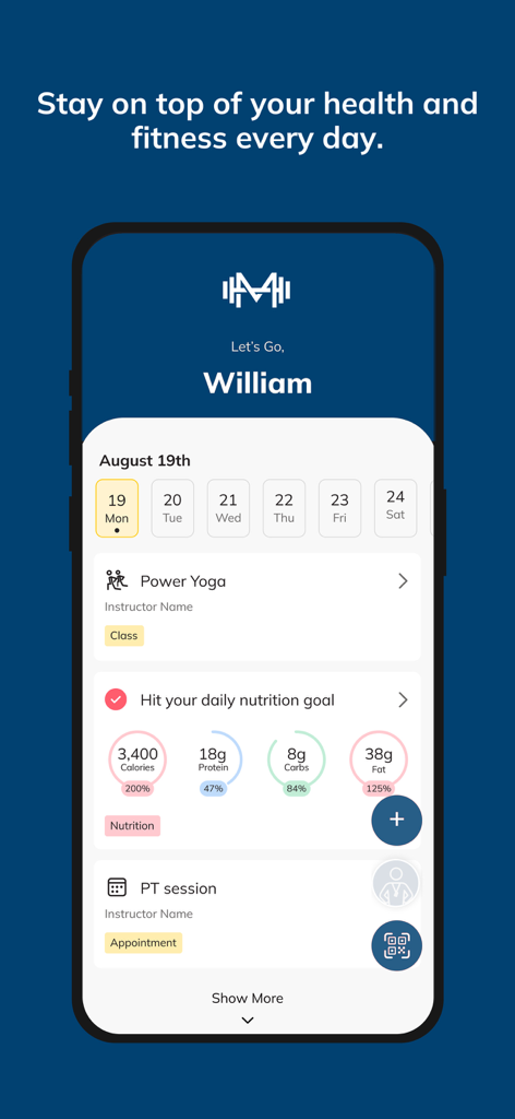 MelioraPT - Interface do aplicativo MelioraPT mostrando a agenda diária, metas de nutrição e sessões de treinamento