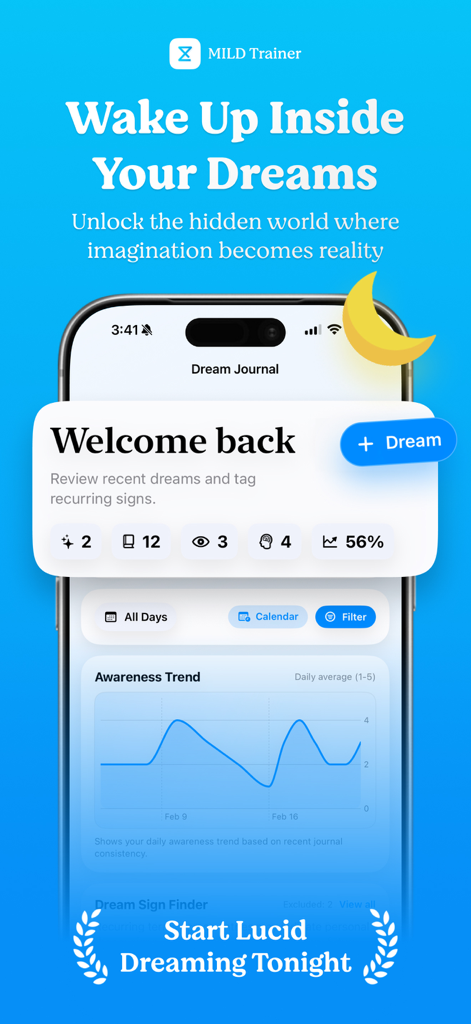 MILD Trainer: Lucid Dreaming - MILD Trainer app dashboard showing dream journal and awareness trend graph