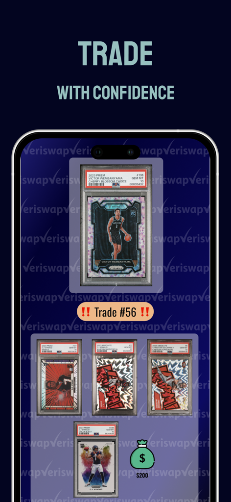 Veriswap - Veriswap mobile app screen showing a sports card trade with graded cards and cash
