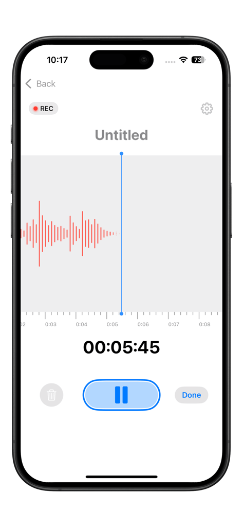 Voice Recorder AI Voice Memos - An active recording session in the AI Voice Memos app showing a live audio waveform and timer on an iPhone.