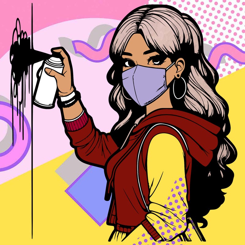 realistic girl with mask spray painting a wall