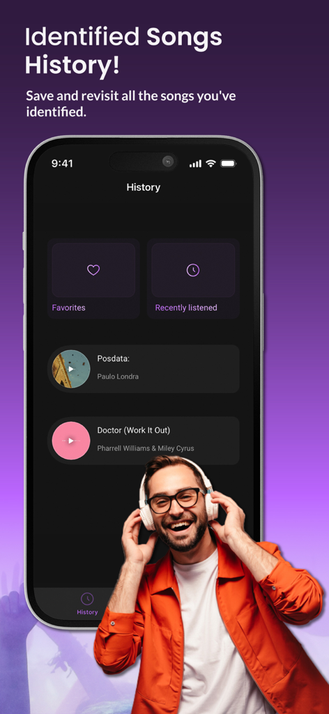 Name That Song: Identify Music - La pantalla de historial de la aplicación Identifica Canciones que muestra una lista de pistas musicales identificadas y una carpeta de favoritos