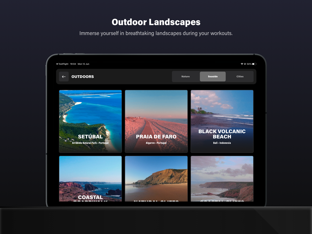Technogym Live - Technogym Live iPad app showing outdoor landscape workout options