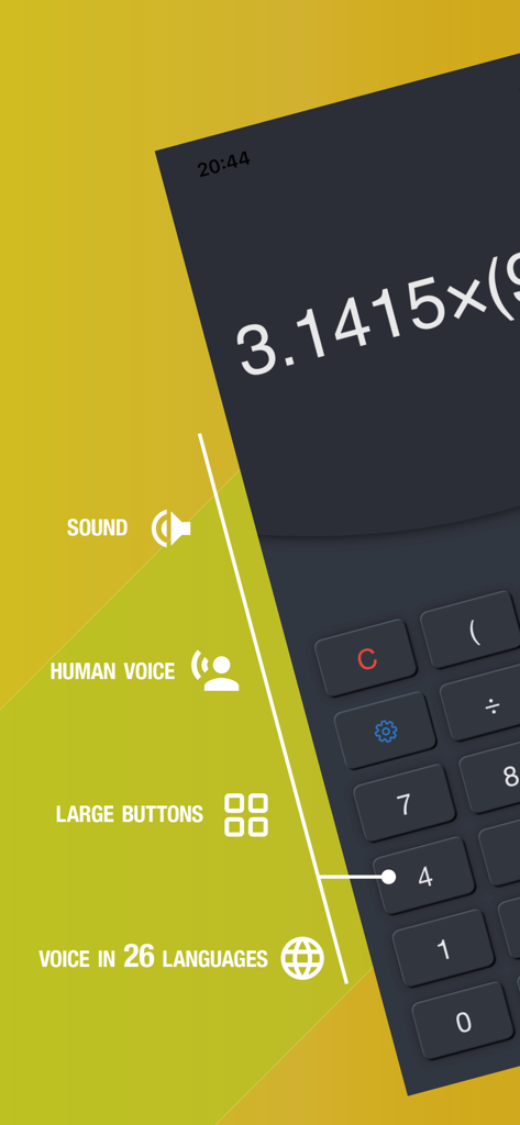 Number Talking Calculator Plus - Screenshot of Number Talking Calculator Plus app interface highlighting sound human voice and large buttons features