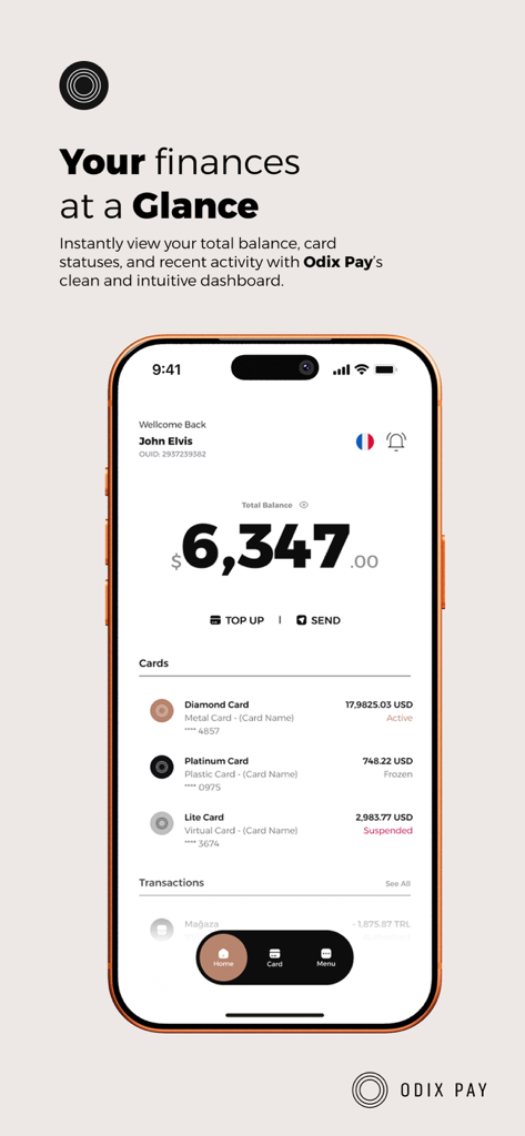 Panel de control de la aplicación móvil Odix Pay mostrando el saldo total y los estados de las tarjetas virtuales en la pantalla de un iPhone