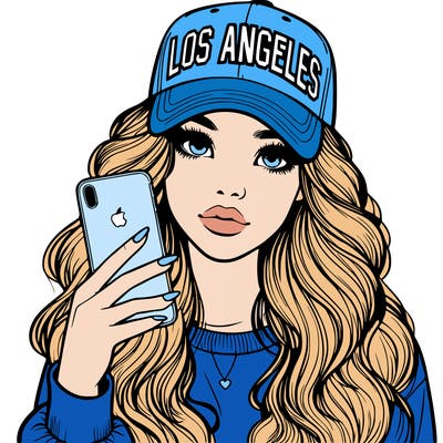 realistic beautiful girl wearing los ángeles cap holding an iphone
